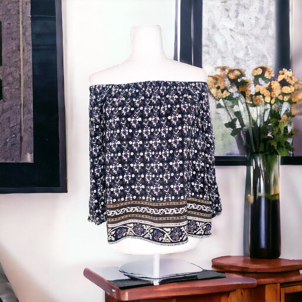 Madewell Silk Gardenhouse Floral Off Shoulder Top Blue XS